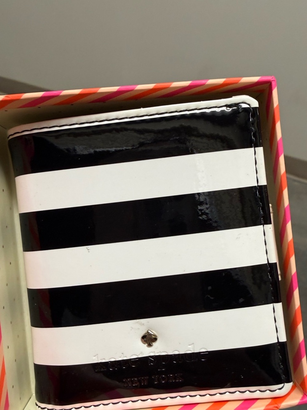kate spade Black and White Patent Striped Bifold Wallet